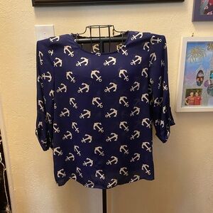 Blue and White Boxy Blouse with Cuffed Sleeves